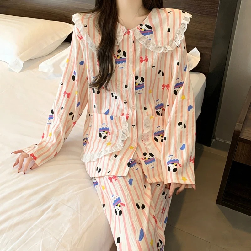 Y2K Korean Cute Striped Dog Print Pajamas Set Lapel Neck Lace Spring New Sleepwear Casual Kawaii Homewear Loungewear for Women
