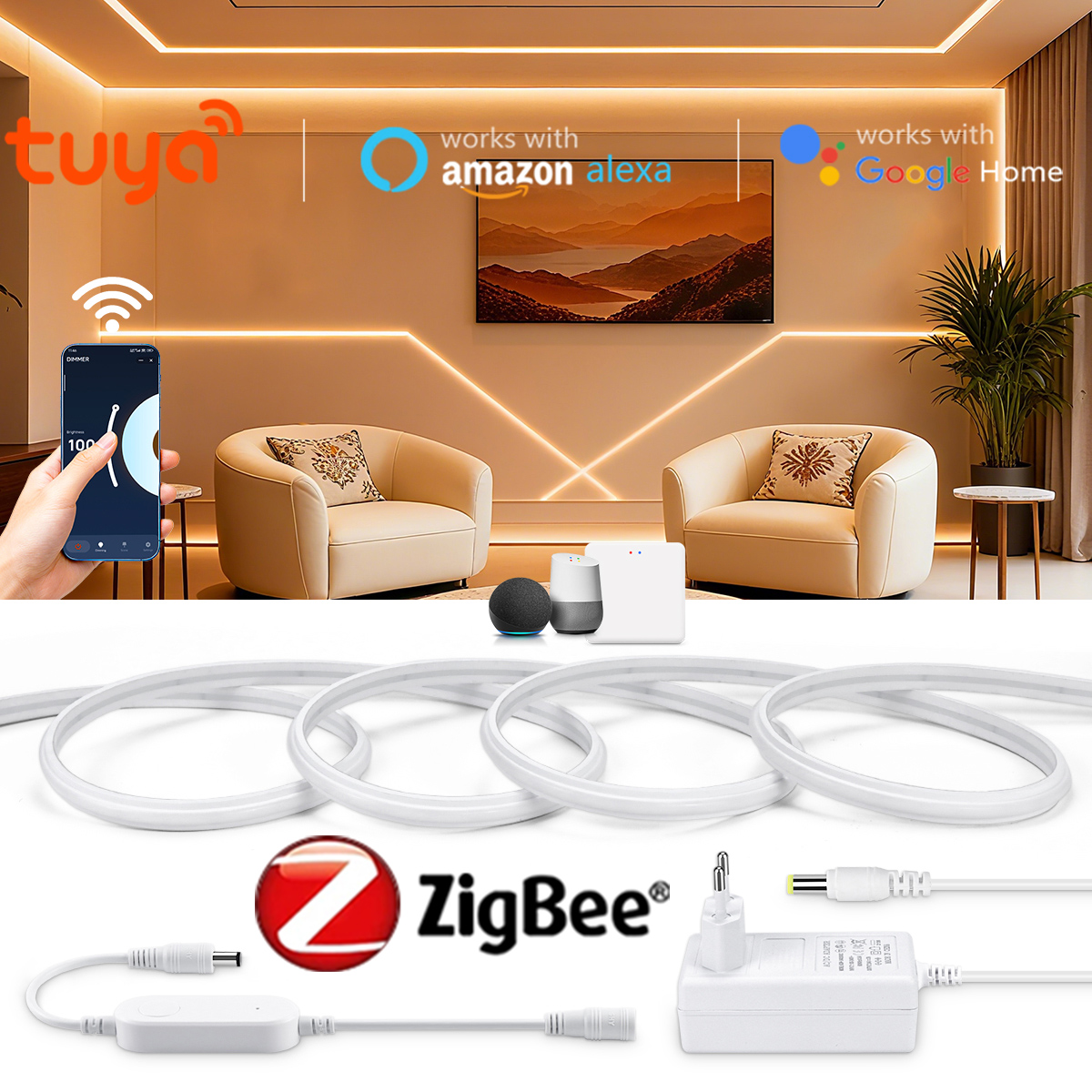 Zigbee Controller Dimmable Lamp Tuya Smart Home COB LED Strip Wifi Light Linear LED Silicone Neon Tape With LED Dimmer Switch
