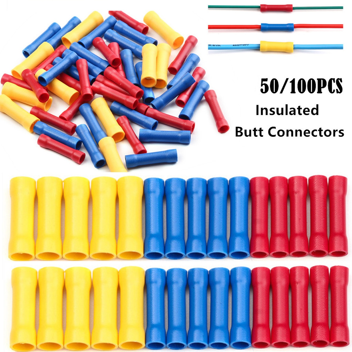 100/50 PCS BV intermediate connection (red, blue, yellow) cold pressed terminal intermediate insulated terminal