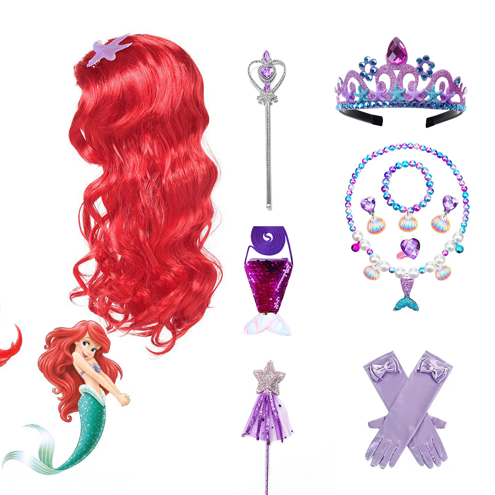 Mermaid Princess Wig for Girls Red Long Curly Halloween Party Cosplay Hair with Sea Star & Shell Accessories Ariel Cosplay Wig