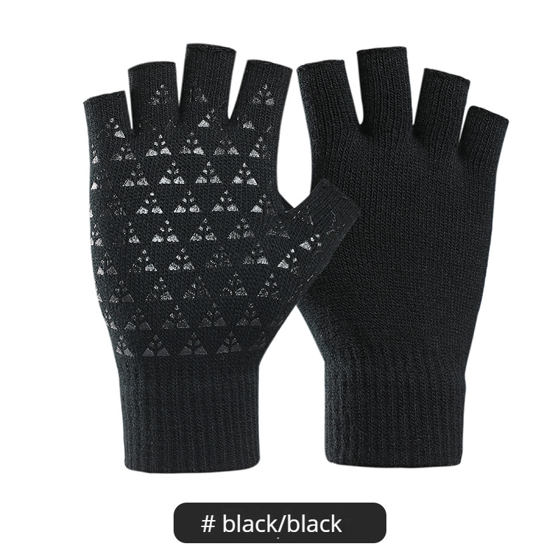 1Pair Black All-Finger Gloves For Women And Men Wool Knit Wrist Cotton Gloves Winter Warm Workout Gloves