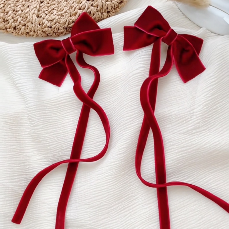 2PCS Velvet Bow Hair Clips with Long Ribbons, Red&Black Fashion Hair Accessories, Cute Elegant Versatile Hair Bows for Girls
