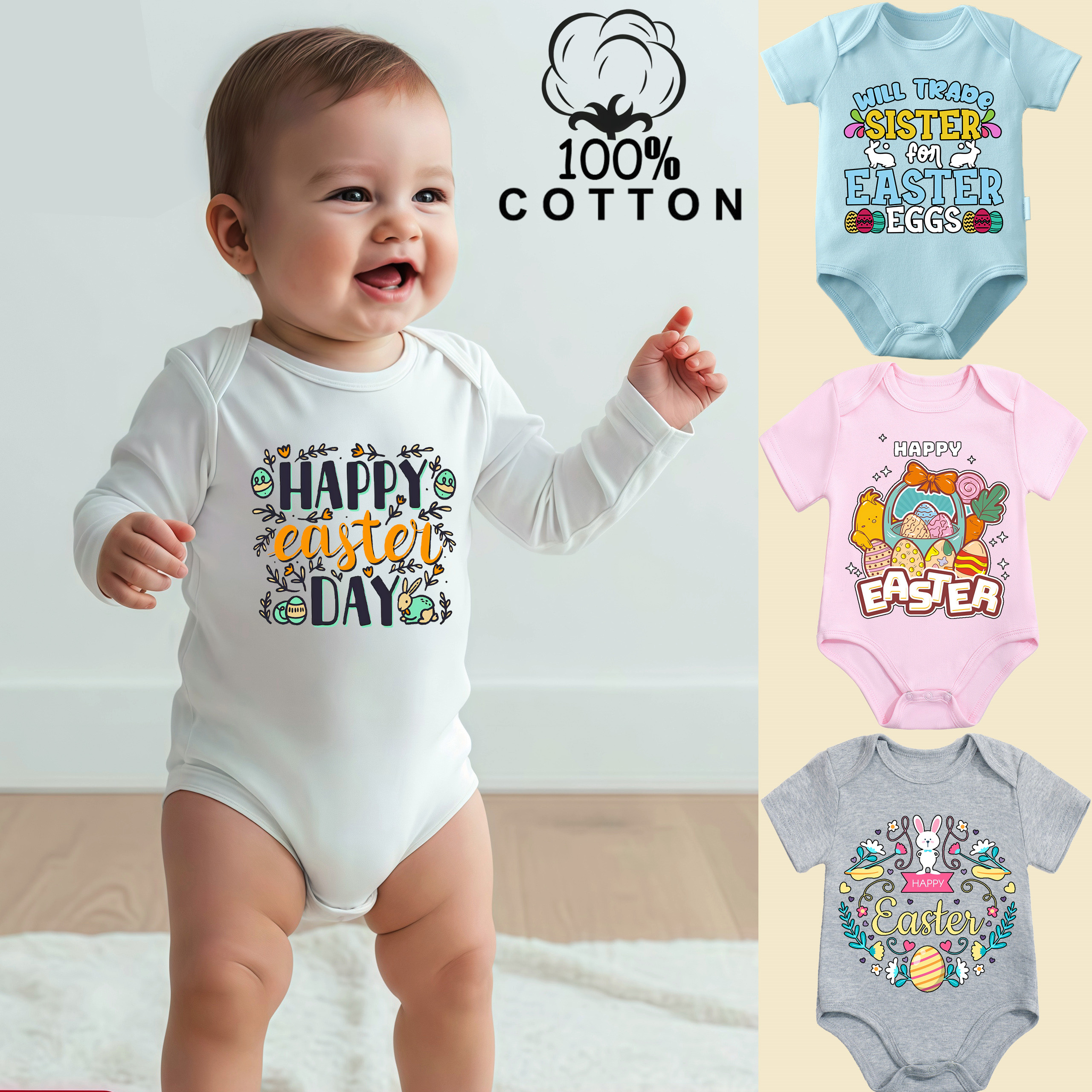 Pure Cotton Bodysuit Cute Baby Happy Easter Little Bee Onesie Comfortable Cloths for Baby Jumpsuit for 0 To 12 Months Newborn
