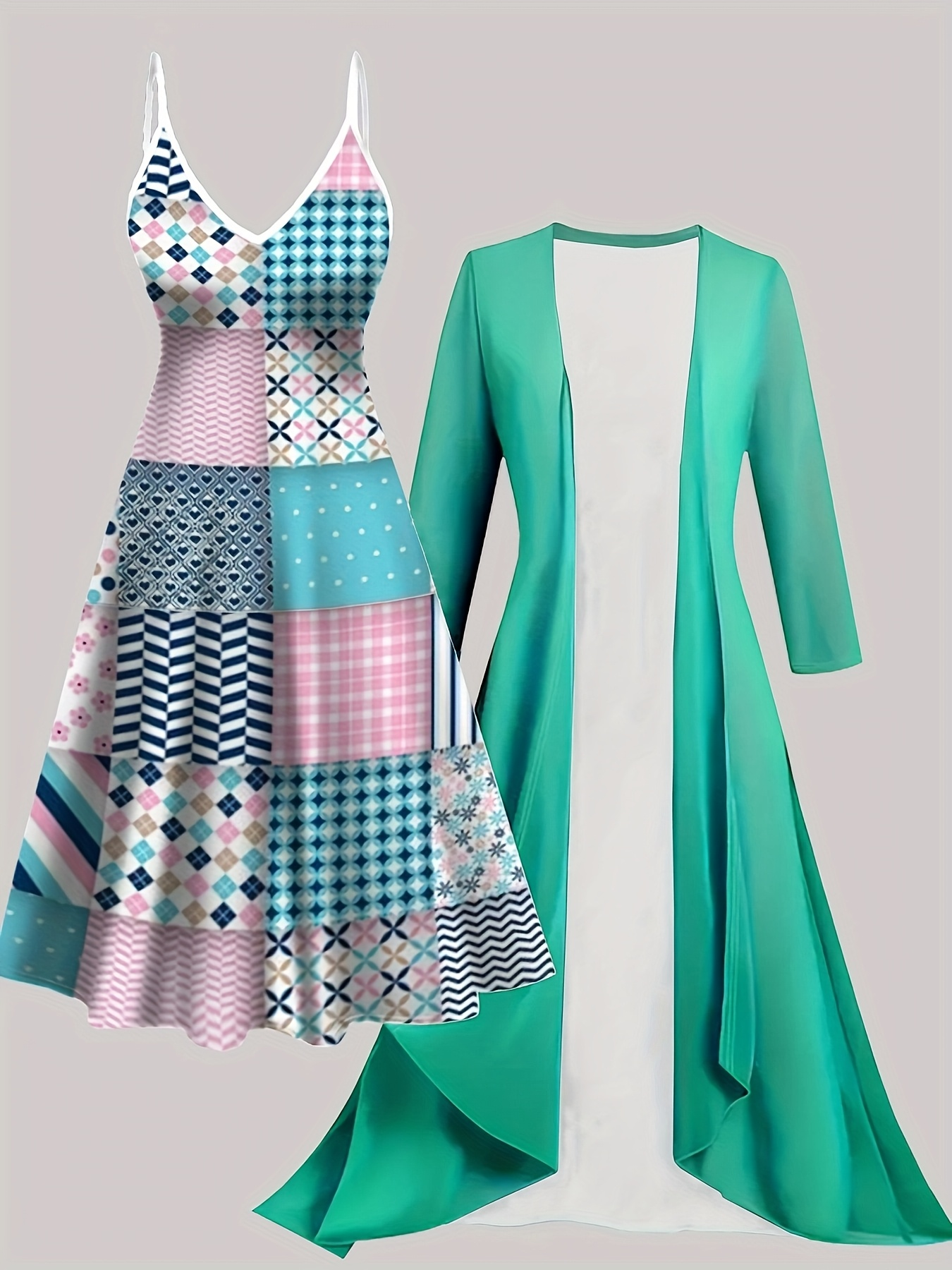 Plus Size Vintage Flower Print Slip Dress With Solid Color Cardigan Set, Elegant Style For Spring/Summer