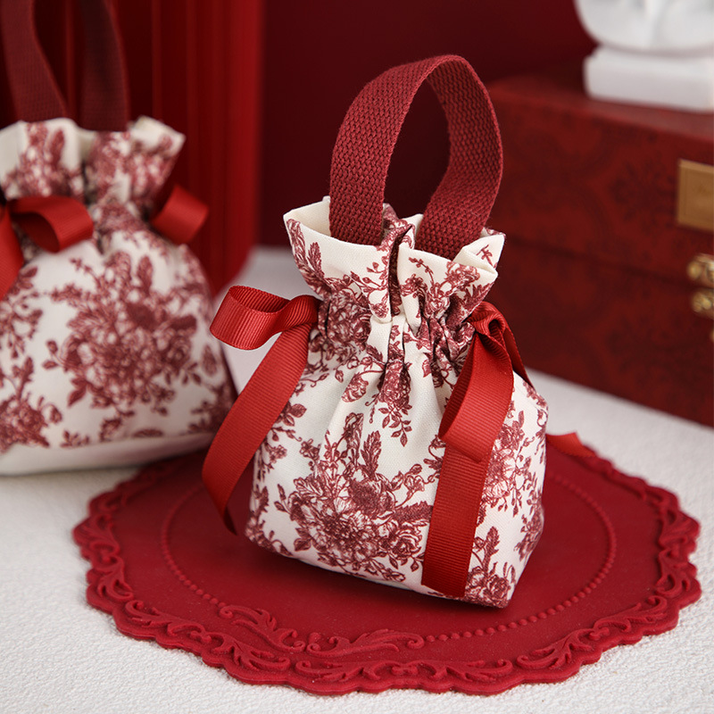 5/10pcs Portable Drawstring Handheld Canvas Candy Bags with Floral Pattern & Ribbon Bow Soft Reusable Wedding Packing Bags