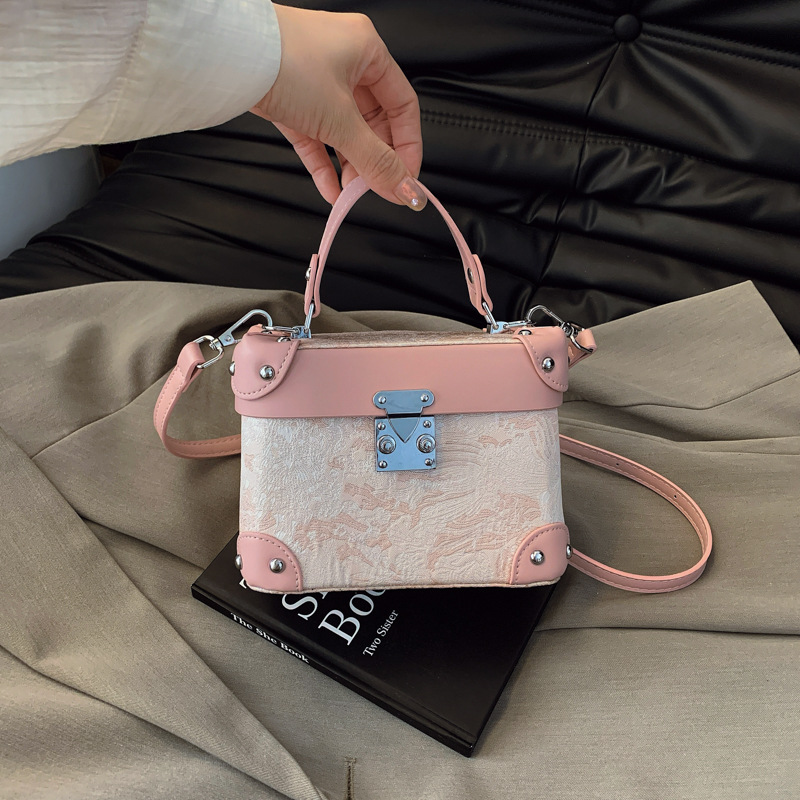 2025 New! Women's Embroidered Box Bag - Small Square, Lock Clasp, Handheld/Shoulder/Crossbody