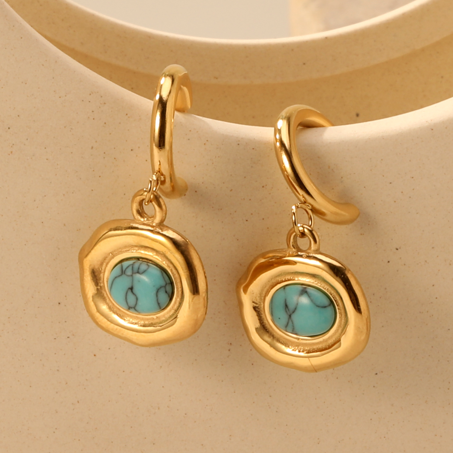 1 Pair of Oval Blue Turquoise Earrings, Stainless Steel Gold-Plated Waterproof, Women's Stud Jewelry Fashion Accessories