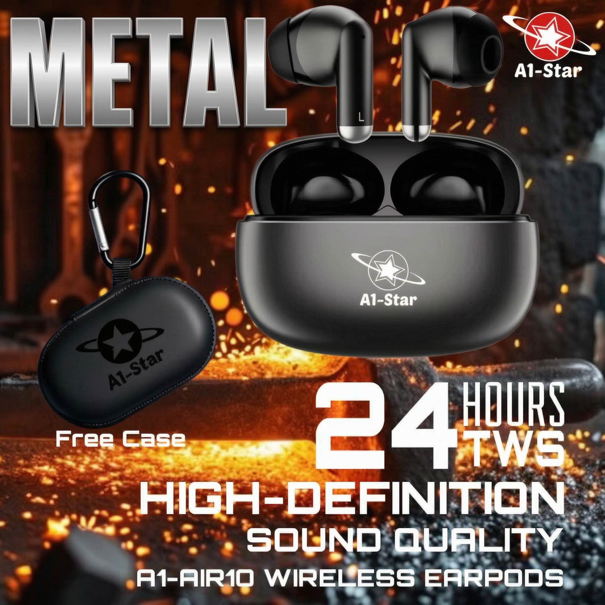 A1Star Full Body Metal Edition Bluetooth 5.4 True Wireless AirPods With ENC Mic, 24-Hour TWS Playback Full Touch Control & Pure Bass 3D Sound