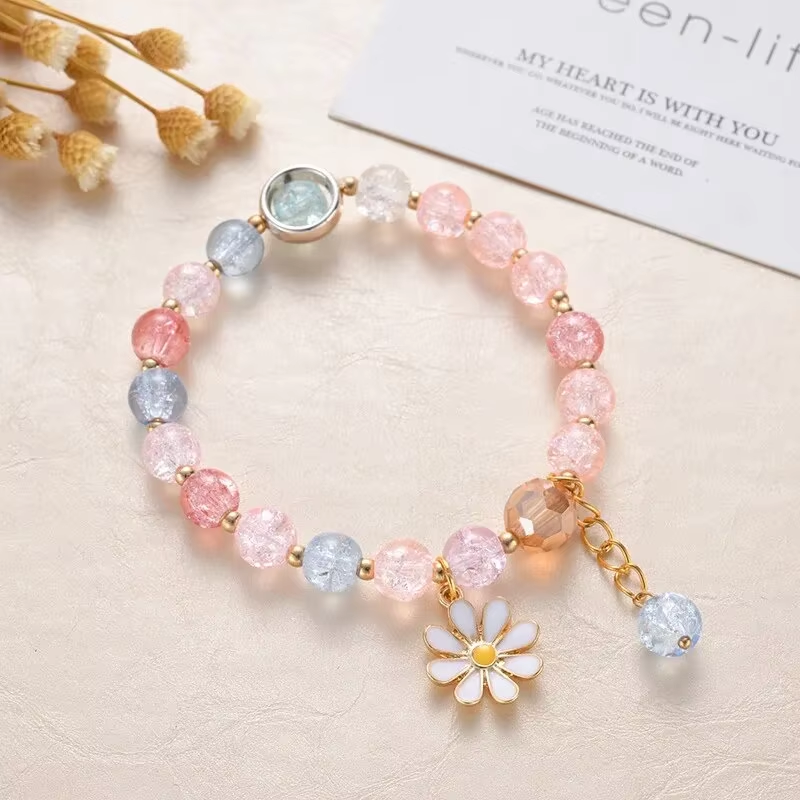 Women's Multi-Color Crystal Beaded Bracelet with Daisy Pendant Cute Sweet Adjustable Chain Bracelets for Daily Fashion Jewelry