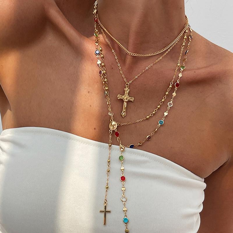Glamorous Colorful Rhinestone Cross Pendant Long Necklace; High-end Vintage Ornament for Hip Hop Parties, Women and Girls