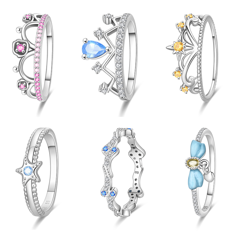 Rings Original 925 Sterling Silver Rings Blue Shining Zircon Size 7-9 Pink Princess Crown Rings For Women Jewelry Birthday Gifts