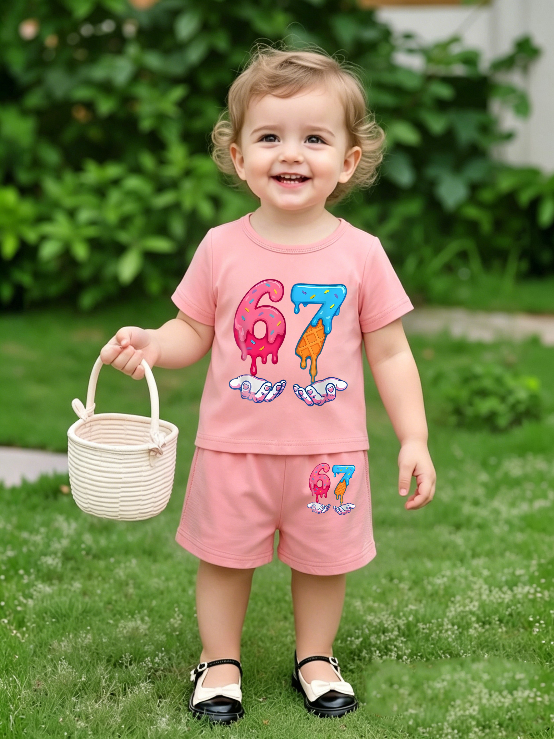 2pcs/Set Girls Creative 67 Print T-Shirt + Shorts, Spring/Summer New Outdoor Casual Wear