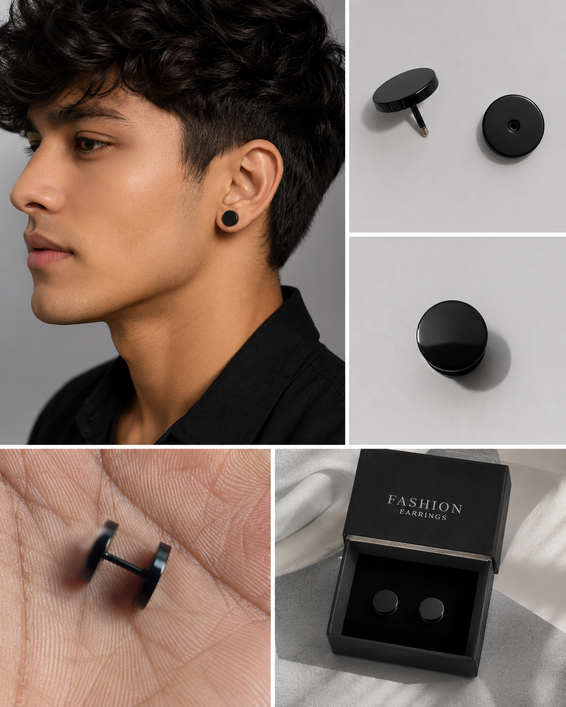 Black Fake Plug Stud Earrings for Men & Women | Stainless Steel Screw Back Ear Stud | Punk Hip Hop Fashion Jewelry (1 Pair)