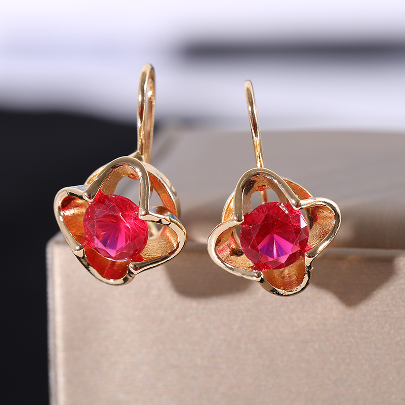 Exquisite Yellow Gold Color Earrings Red Crystal Female Wedding Jewelry Luxury Crystal Earrings for Women Flower Drop Earrings
