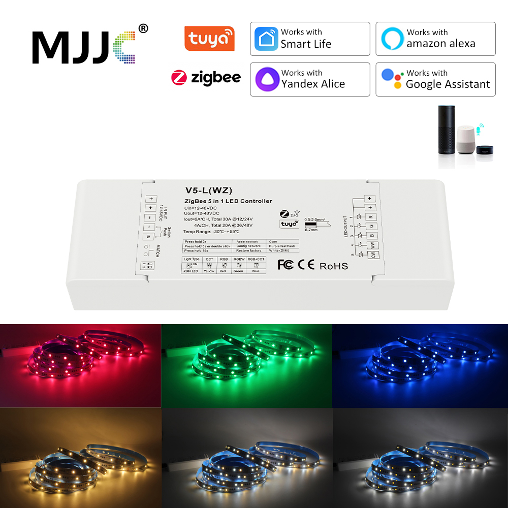 Tuya ZigBee RGBCCT Controller 12V 24V DC 48V 5 in 1 2.4G RF Wireless Gateway Smart Life PWM for RGB RGBW LED Strip Light V5-L WZ lightify