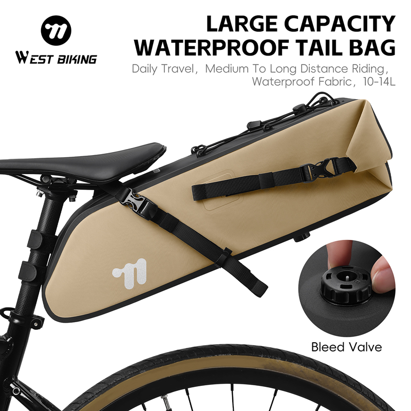 WEST BIKING 14L Bicycle Tail Bag Large Capacity Waterproof Tail Bag PVC Anti-Slip Leather Tail Bag With Bleed Valve Bike Tailbag