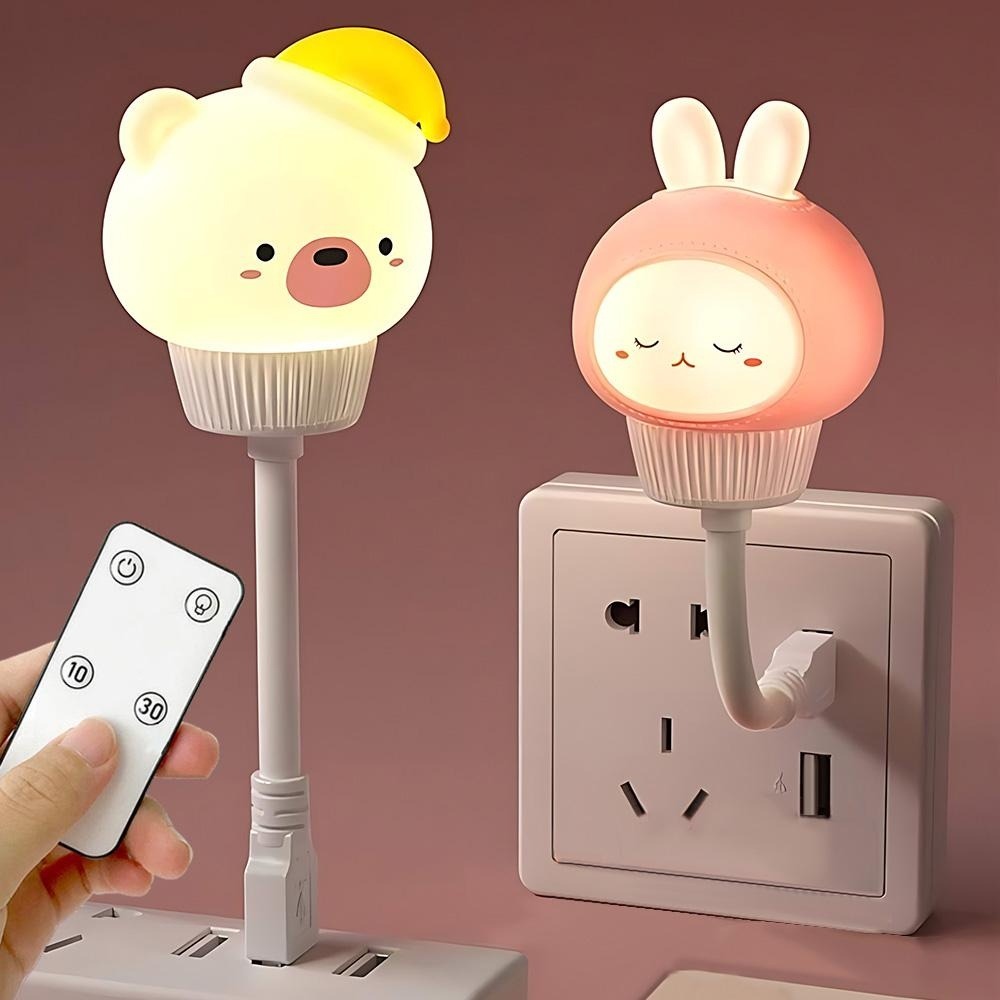 USB LED Night Light - Bear/Rabbit/Cat Cute Cartoon Night Lamp with Remote Control for Bedroom Decor, Bedside Lamp