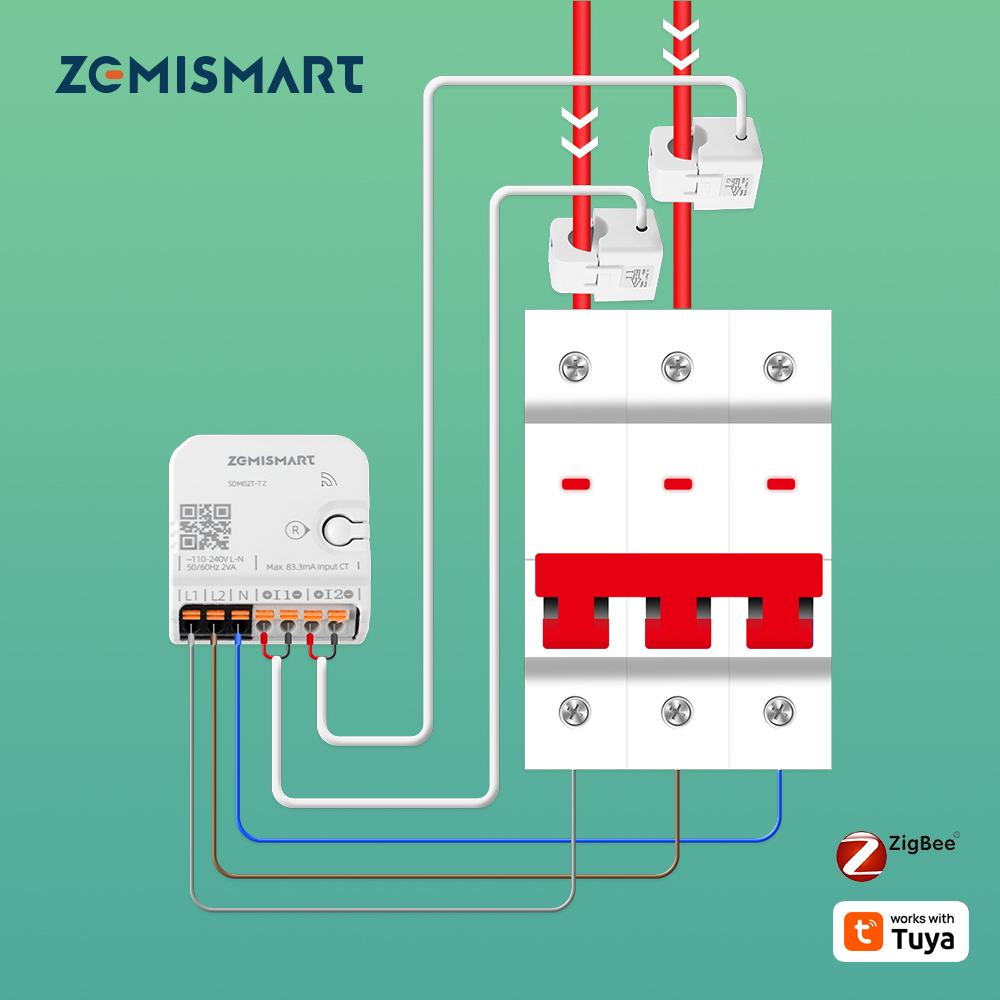 Zemismart Zigbee 120A 2 Phase Energy Meter Smart Din-rail Power Monitor Withdrawable Split-core CTs Works with Tuya Zigbee Hub