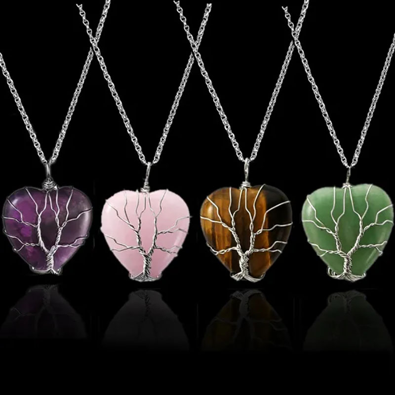 Natural Stone Tree of Life Wire Wrapped Love Heart Necklace Pendant Natural Stone Tiger Eye Pink Quartz Black Agate For Women