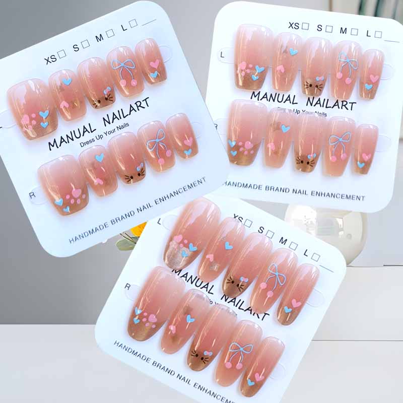 10Pcs Girl Fashion Tender Pink Little Cat Flower French Style Cat Eyes Press on Nails Nail Patch Nail Slices Fake Nail Nail Art