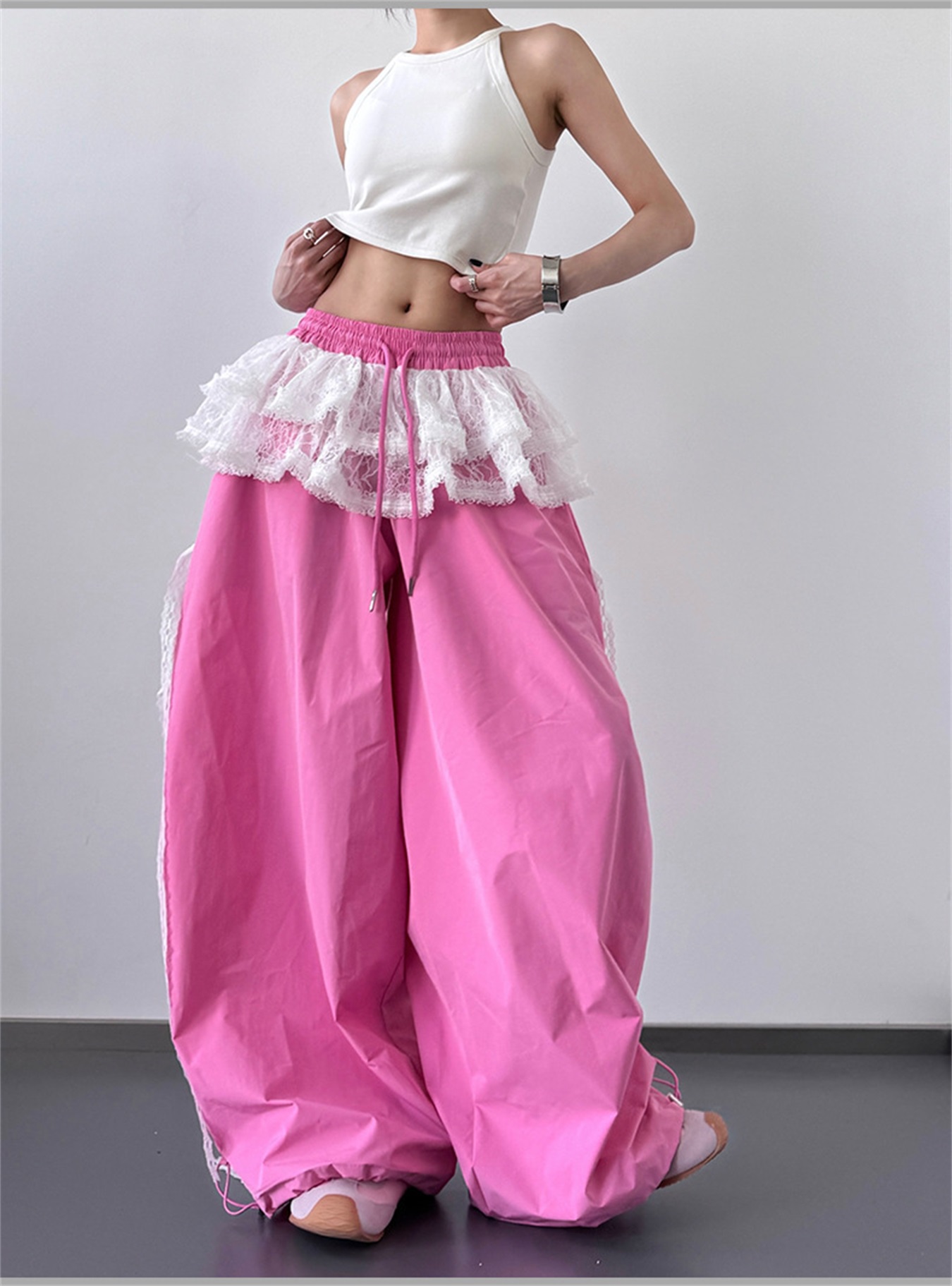 2026 Spring/Autumn New Design Loose, High Waist, Wide Leg, Personalized Retro, Sweet and Cool Lace Splicing Fake Two Piece