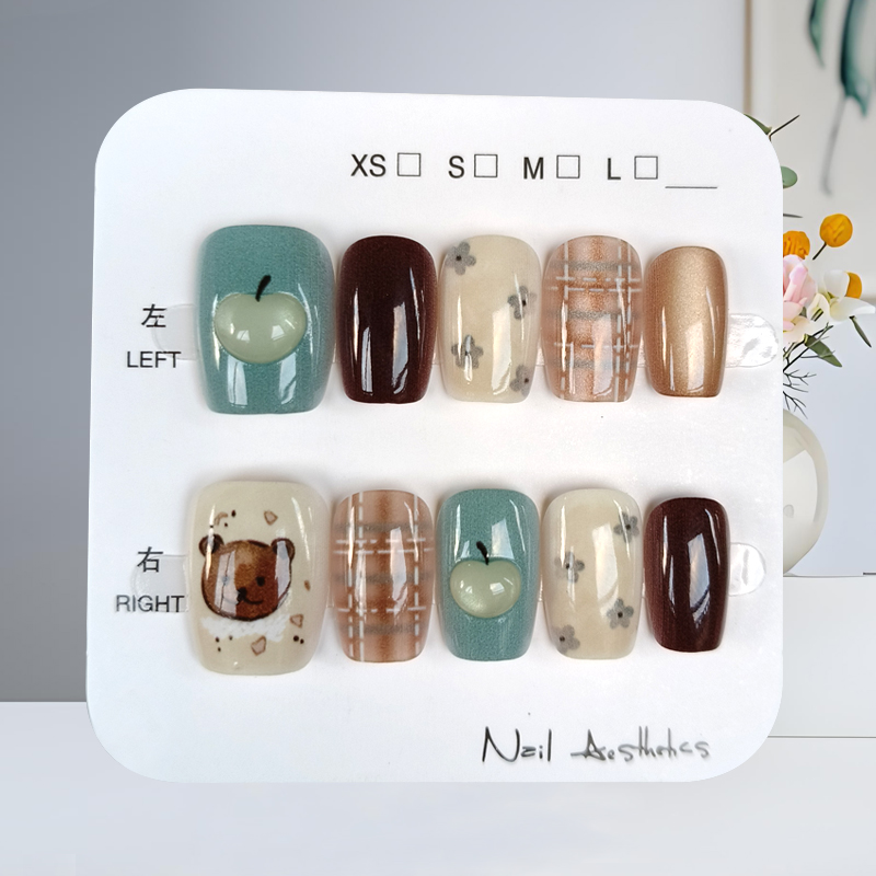 10Pcs Women Cute Bear and 3D with Cat Eye Design Press on Nails Brown Retro Checkered Floral Pattern Nail Plate Fake Nails