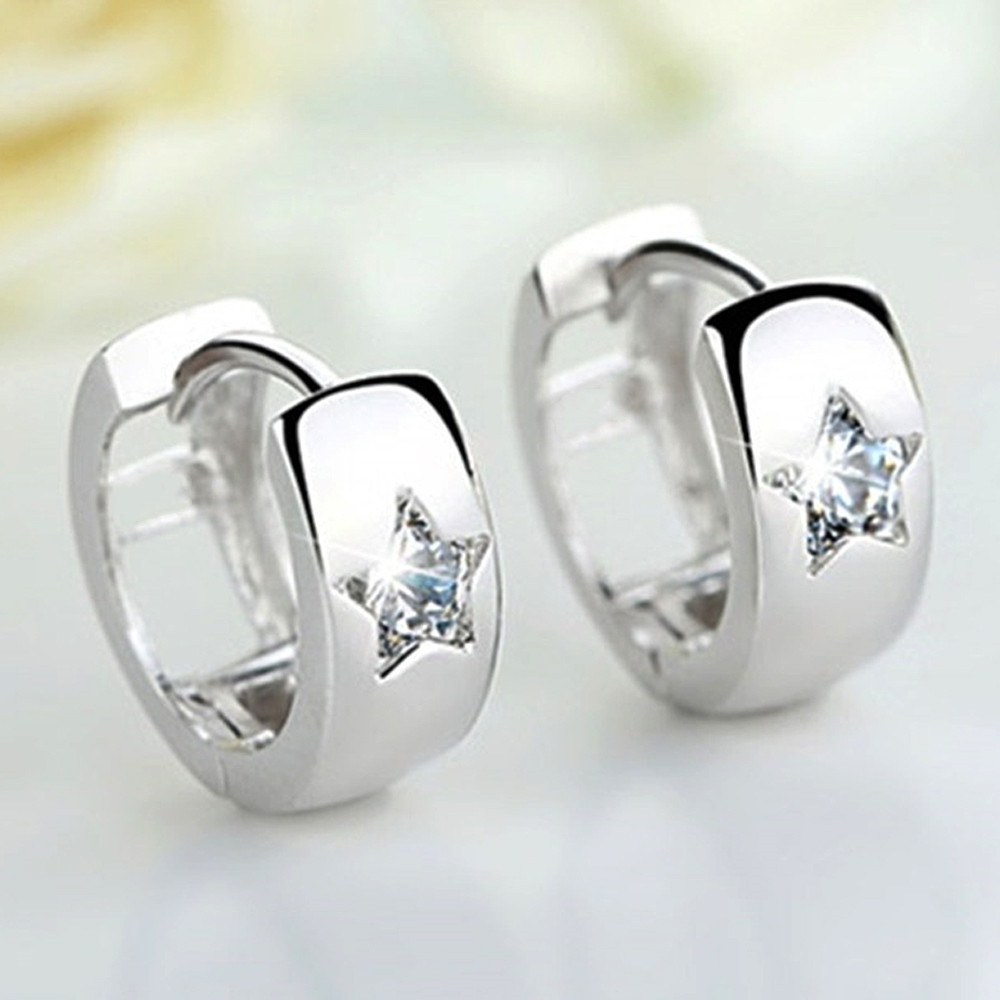 Huitan Trendy Small Circle Hoop Earrings with Star Cubic Zirconia Crystal Silver Color Fancy Earrings for Women Wedding Jewelry