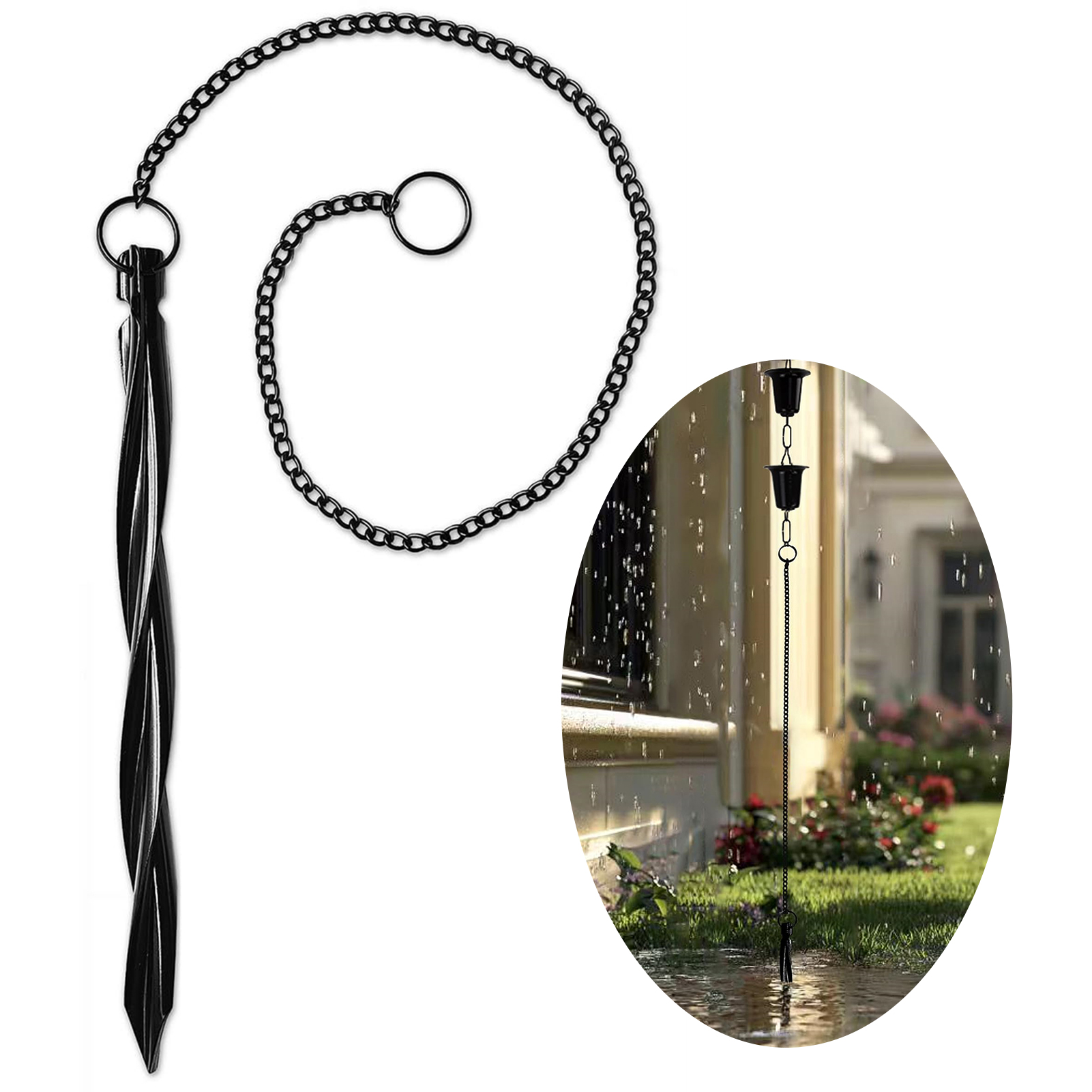 1/2PCS Aluminum Rain Chain Anchors Black Gutter Drainage Hooks With 10inch Stakes 20inch Chains Durable Easy Installation