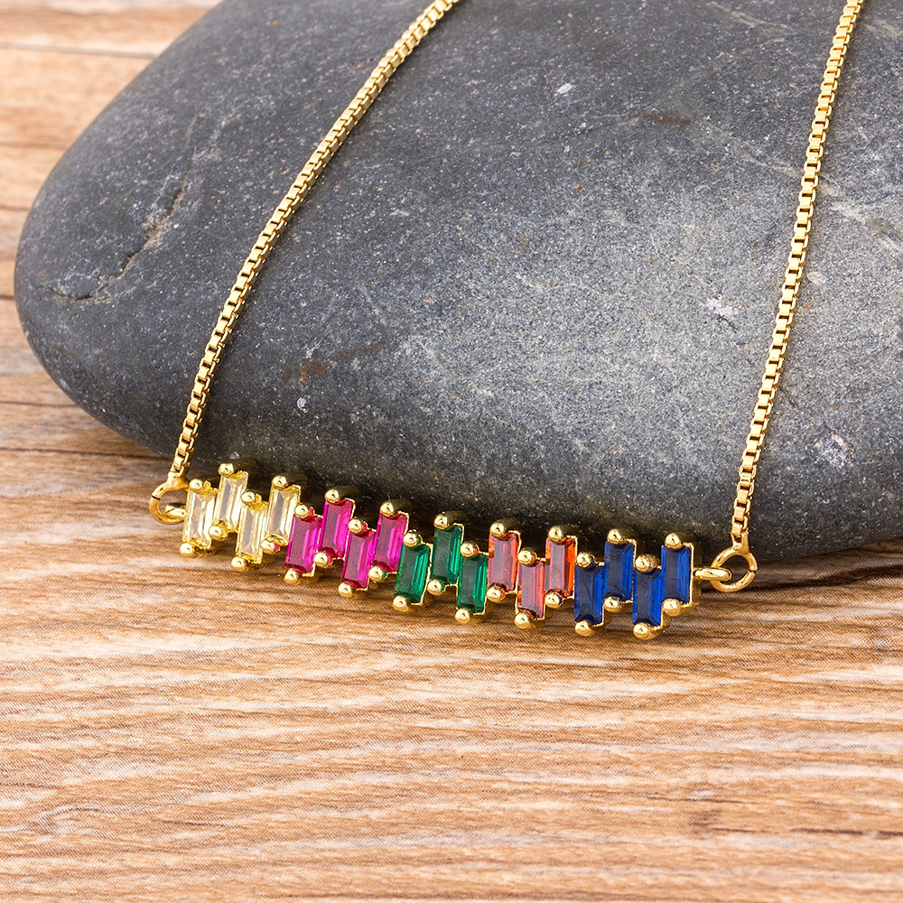 New Colorful Copper Zircon Rainbow Necklace With Copper Chain Charm Crystal Stone Collar Pendant Party Wedding Jewelry