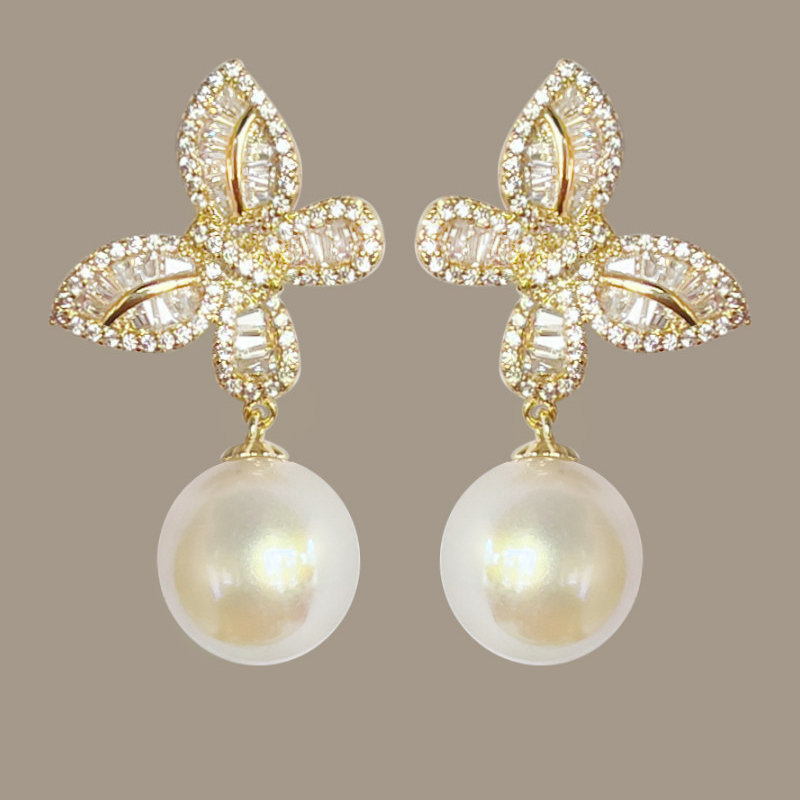 Huitan Sweet Butterfly Drop Earrings with Imitation Pearl Sparkling CZ Romantic Gorgeous Ear Accessories Charms Party Jewelry