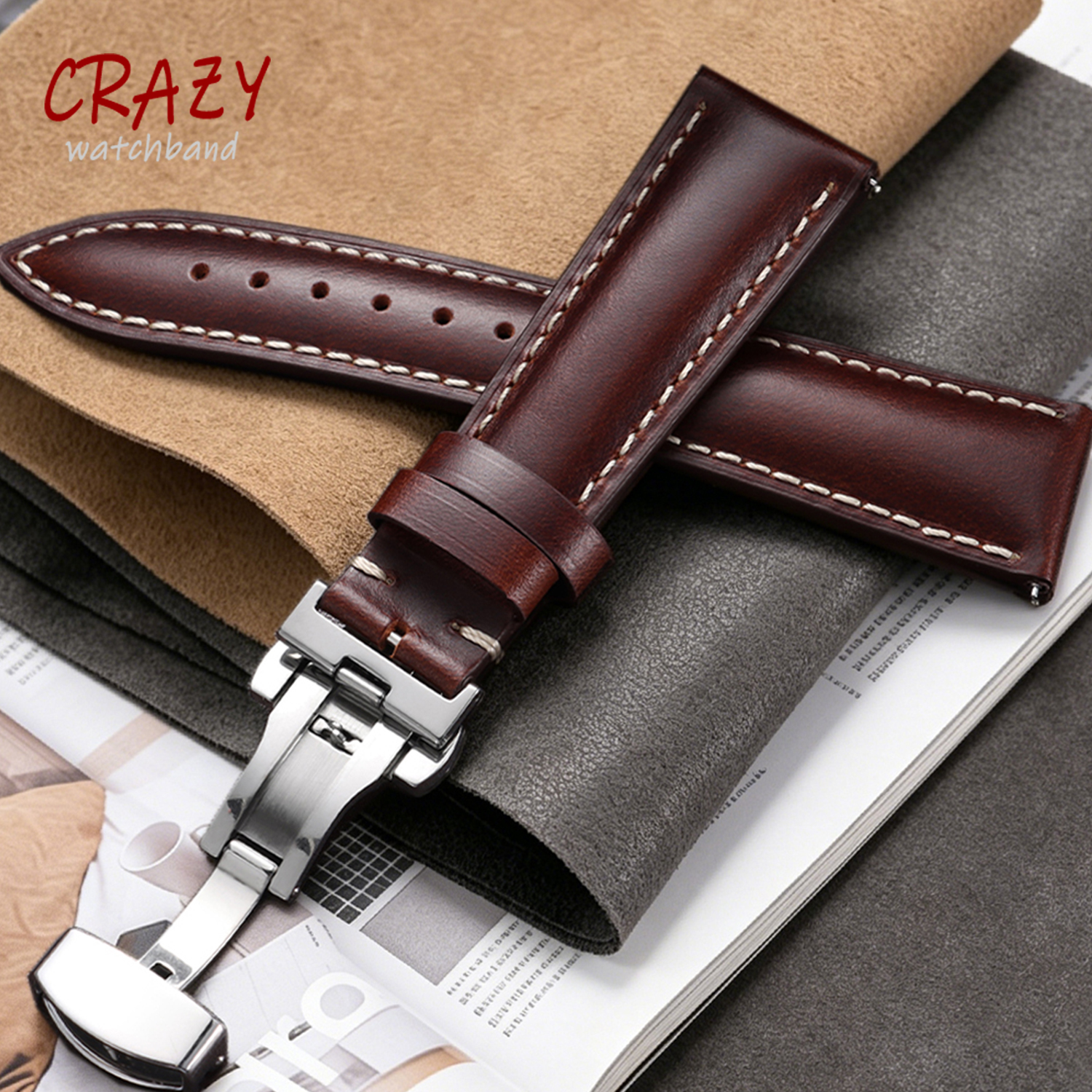 18/19/20/21/22mm Oil Wax Discoloration Calf Leather for Watch Straps Universal for Hamilton for DW Bands Butterfly Buckle