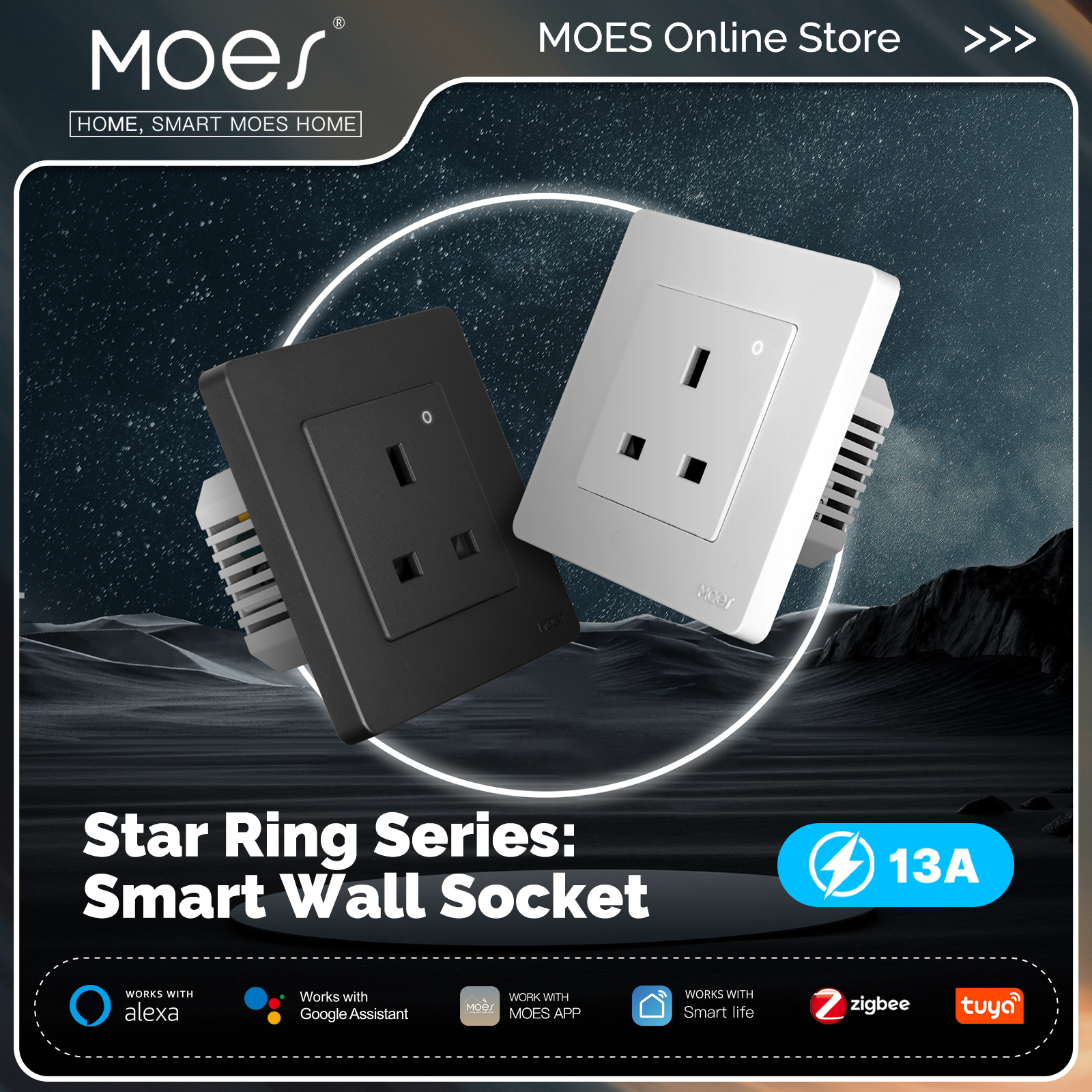 MOES Star Ring Tuya ZigBee Smart UK Wall Socket Energy Monitor Indicator App Remote Control Voice Cotrol Alexa Home