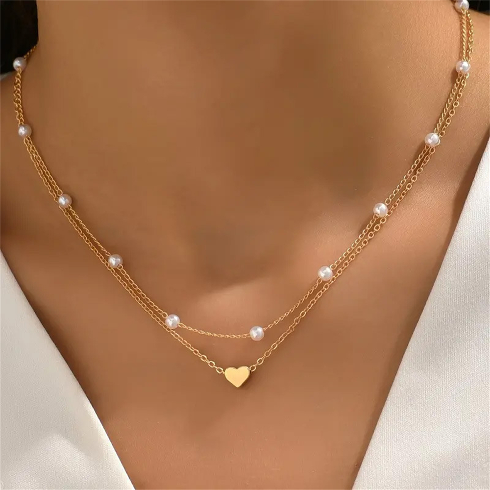 Simple Double Layer Chain Rhinestone Heart Choker Necklaces for Women Jewelry