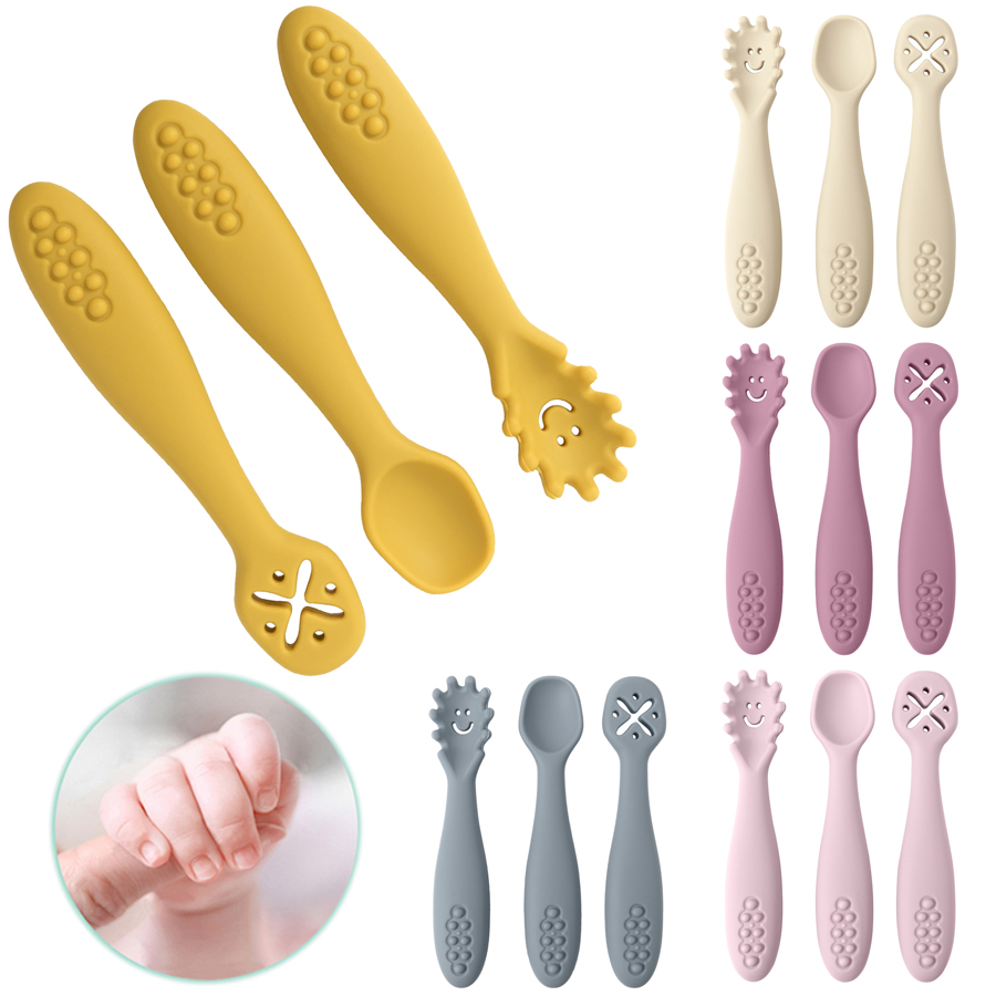 3PCS Silicone Spoon For Baby Utensils Set Feeding Food Toddler Learn To Eat Training Soft Fork Cutlery Childrens Tableware