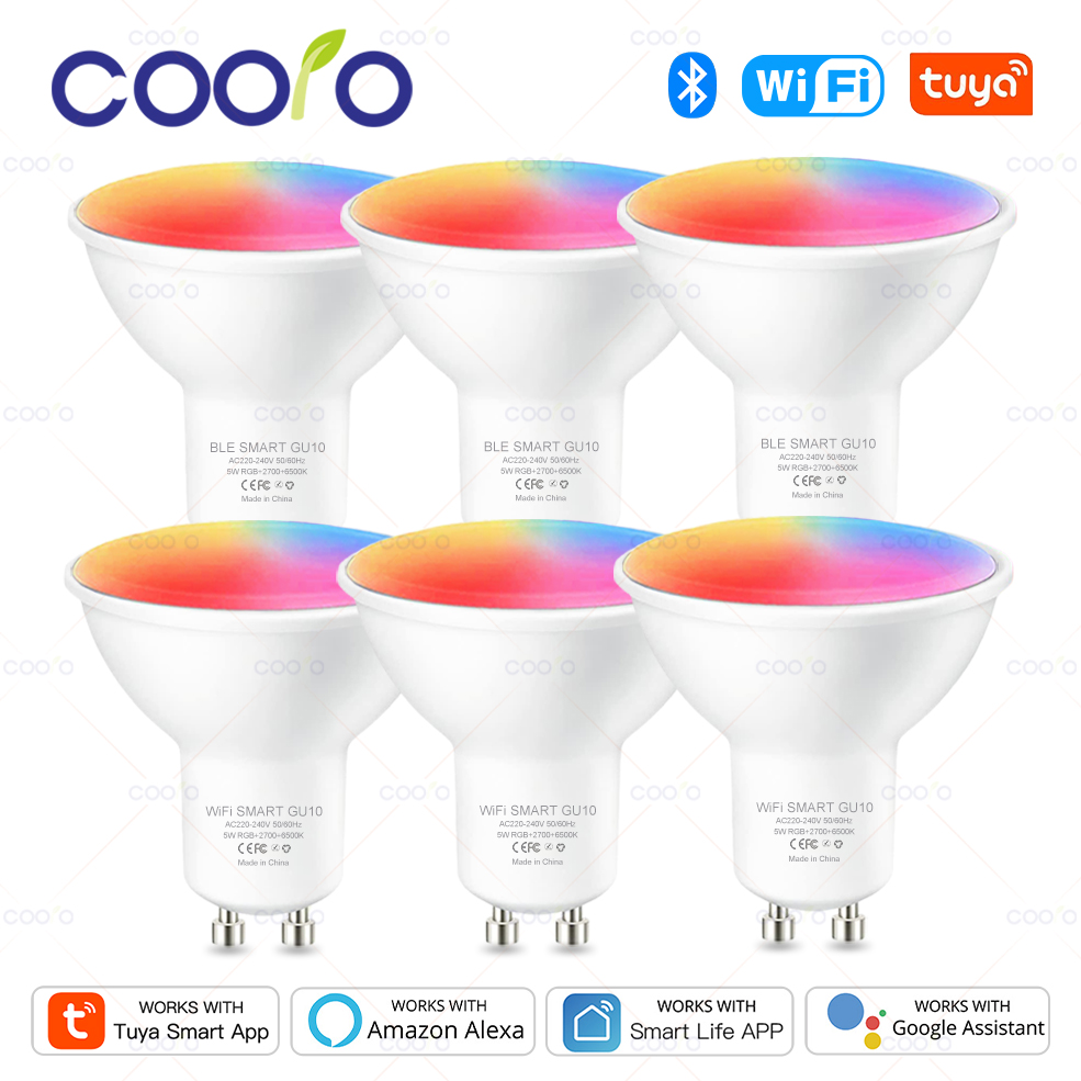 COOLO Tuya Smart Life GU10 Bluetooth Smart LED Light Bulbs RGB W+C 5W Dimmable Lamps AC 220V App Remote Control Spotlight Bulb