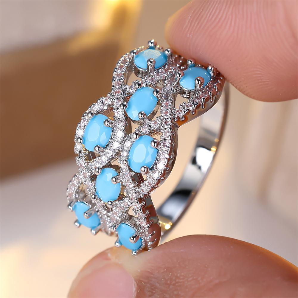 Blue Turquoise Oval Stone White Zircon Infinity Rings For Women Trendy Silver Color Bridal Ring Wedding Jewelry Versatile s