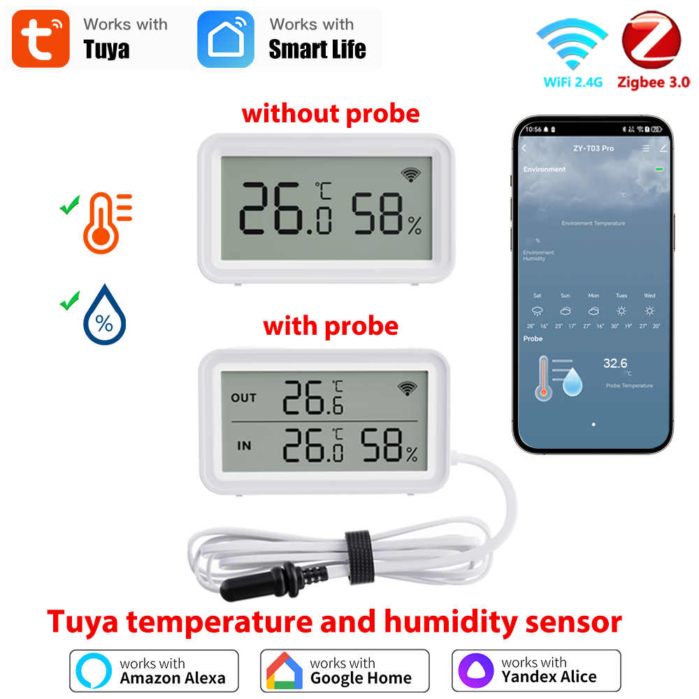 Tuya WiFi Zigbee Temperature Humidity Sensor Digital LCD Screen with External Probe WorkWith Yandex SmartLife Alexa