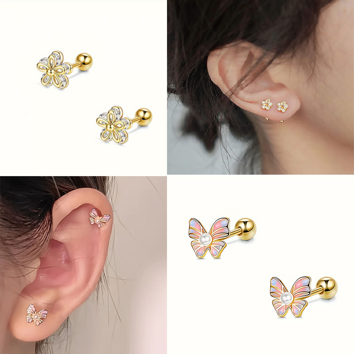 Simple stainless steel stud earrings, sweet and cute butterfly and bee flower piercing cartilage earrings, stud earrings, eardru