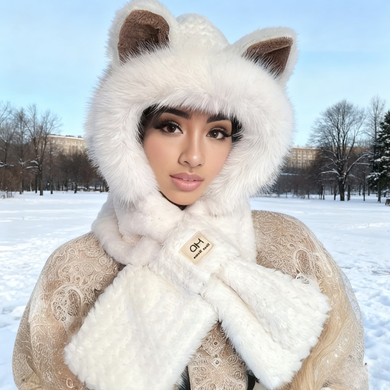 1pc Kawaii Cat Ears Beanie with Pom-Pom, Women's Winter Hat Furry Collar for Christmas Gift, Cute,Fashionable and Warm