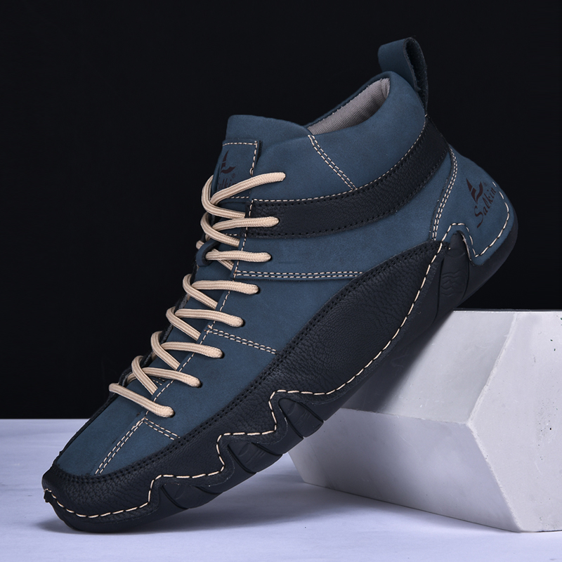 Men's Handmade High-Top Retro Casual Shoes, Solid Color Patchwork Lace-Up Boots, Suitable for Spring and Autumn Daily Wear, Outdoor Sports, Hiking, Comfortable and Durable Flat Shoes