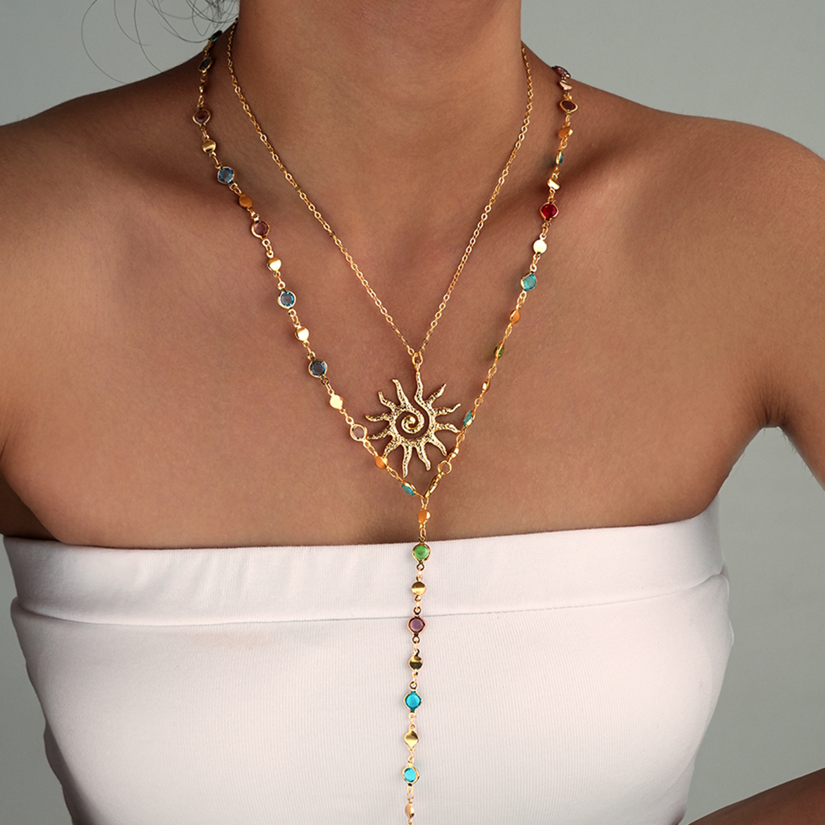 2Pcs Sun Flower Colorful Crystal Tassel Necklaces For Women New Gold Color Y-Shaped Pendant Necklaces Trendy Party Jewelry Gifts