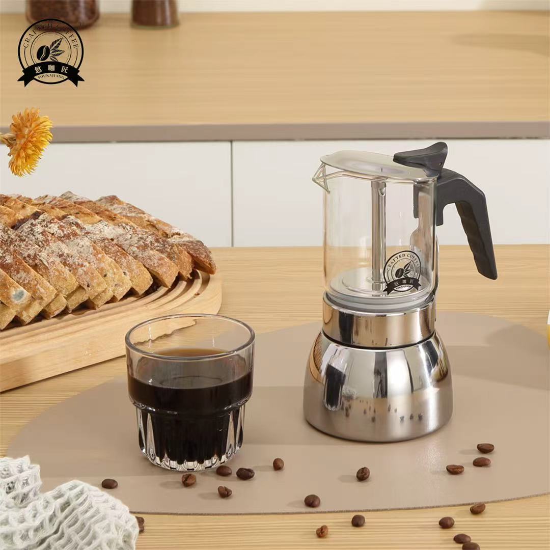 4/6 See-Through Moka Pot: High-Borosilicate Glass Body, Durable 430 Base. Home/Office/Camping Use. Works on Induction & Gas