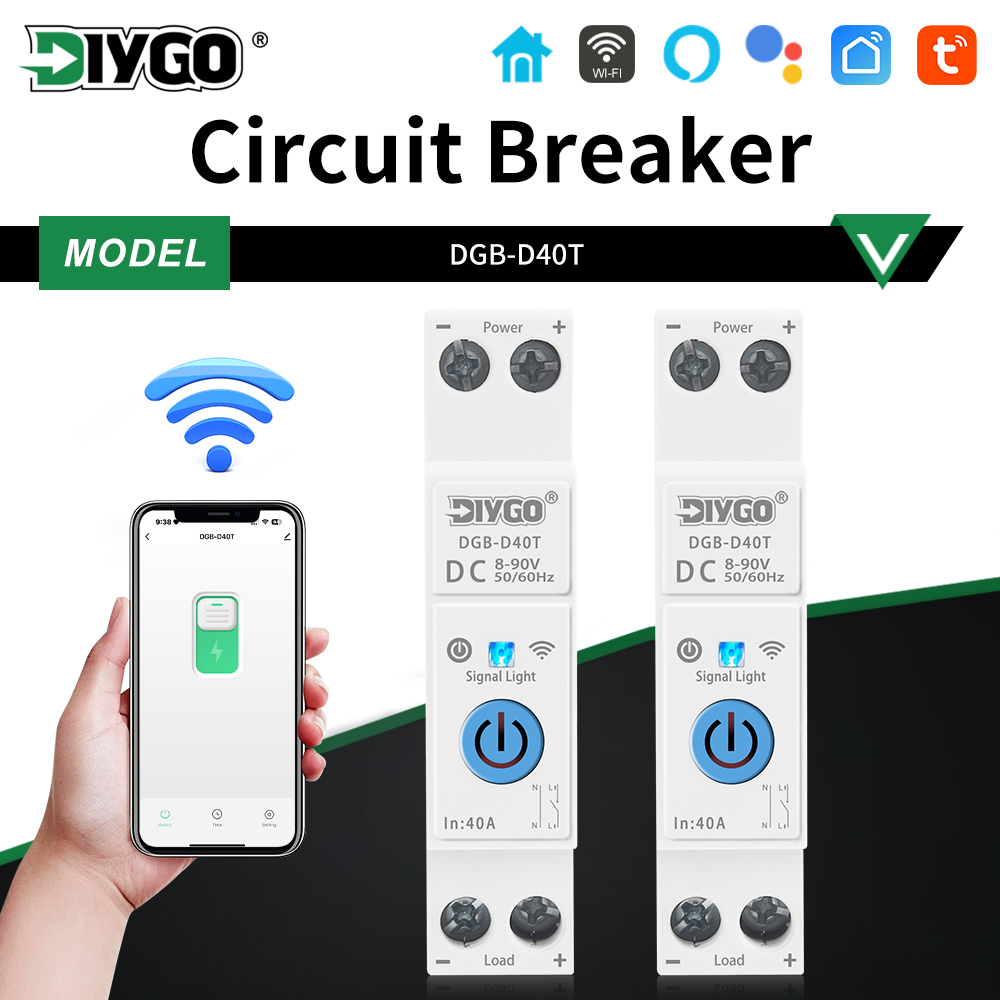 DC Din Rail Smart WIFI Circuit Breaker 40A No Metering No Voltage Currrent Power Protection TUYA APP Remote Control Timer 8-90V