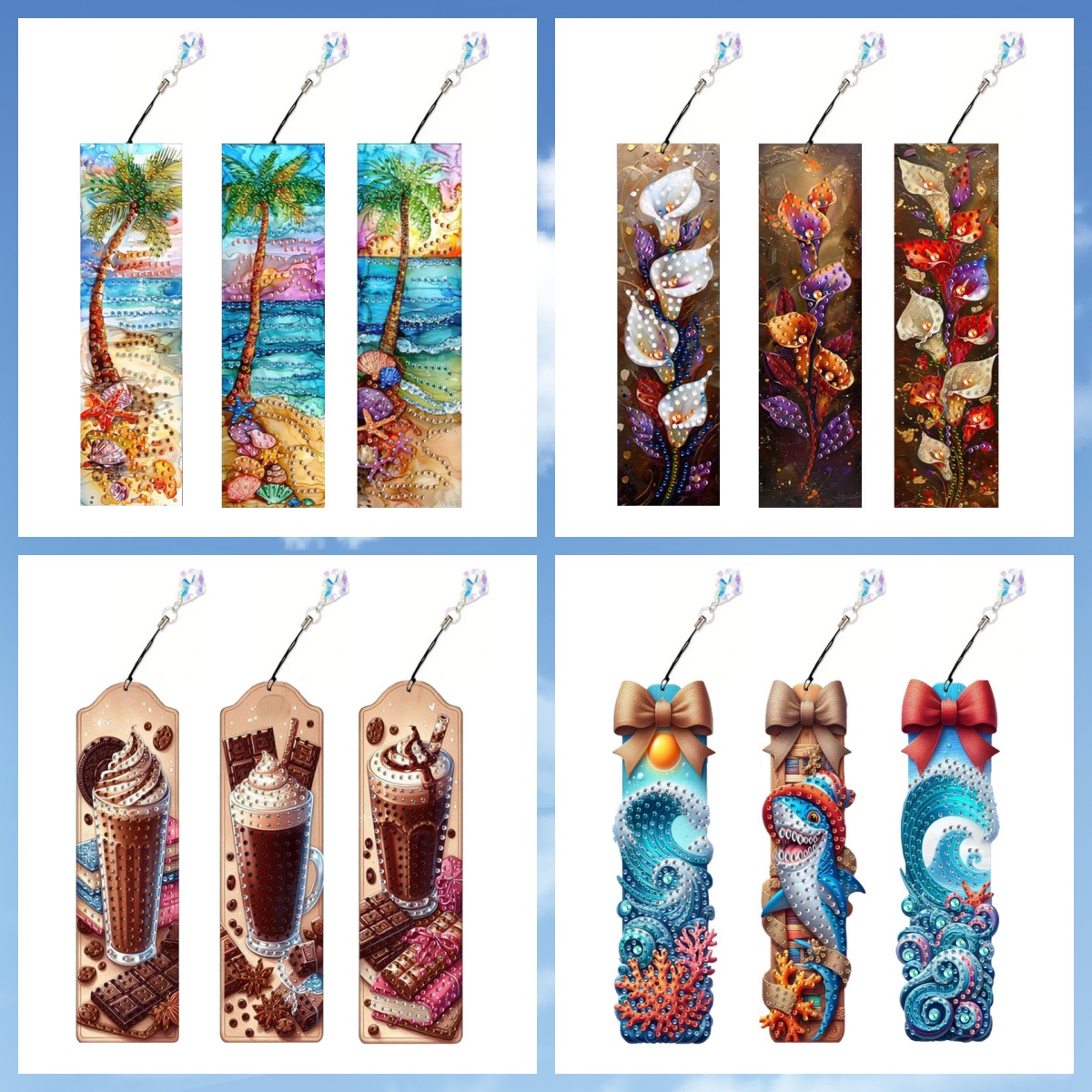 3-piece DIY diamond painting art bookmark set, featuring crystal pendants with sea view, flower and dolphin patterns