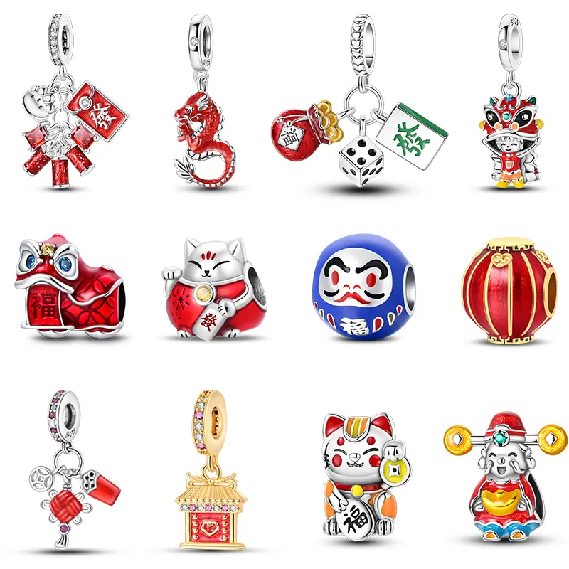 925 Silver Color God of Wealth Lucky Cat Lantern Lion Dance Charms Beads Fit Qikaola Original Bracelet DIY New Year's Jewelry