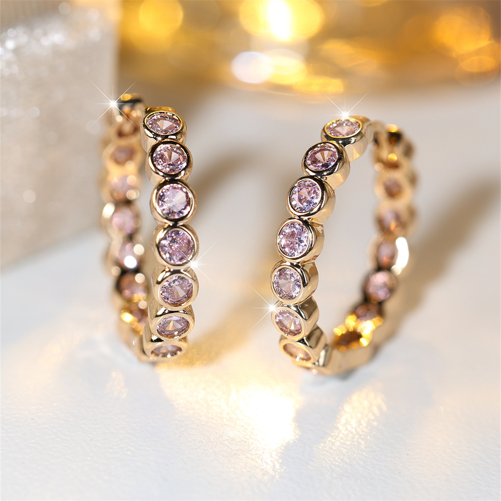 Elegant Pink Crystal Zircon Hoop Earring Single Row Small Round Stone Earrings For Women Vintage Gold Color Wedding Jewelry Gift