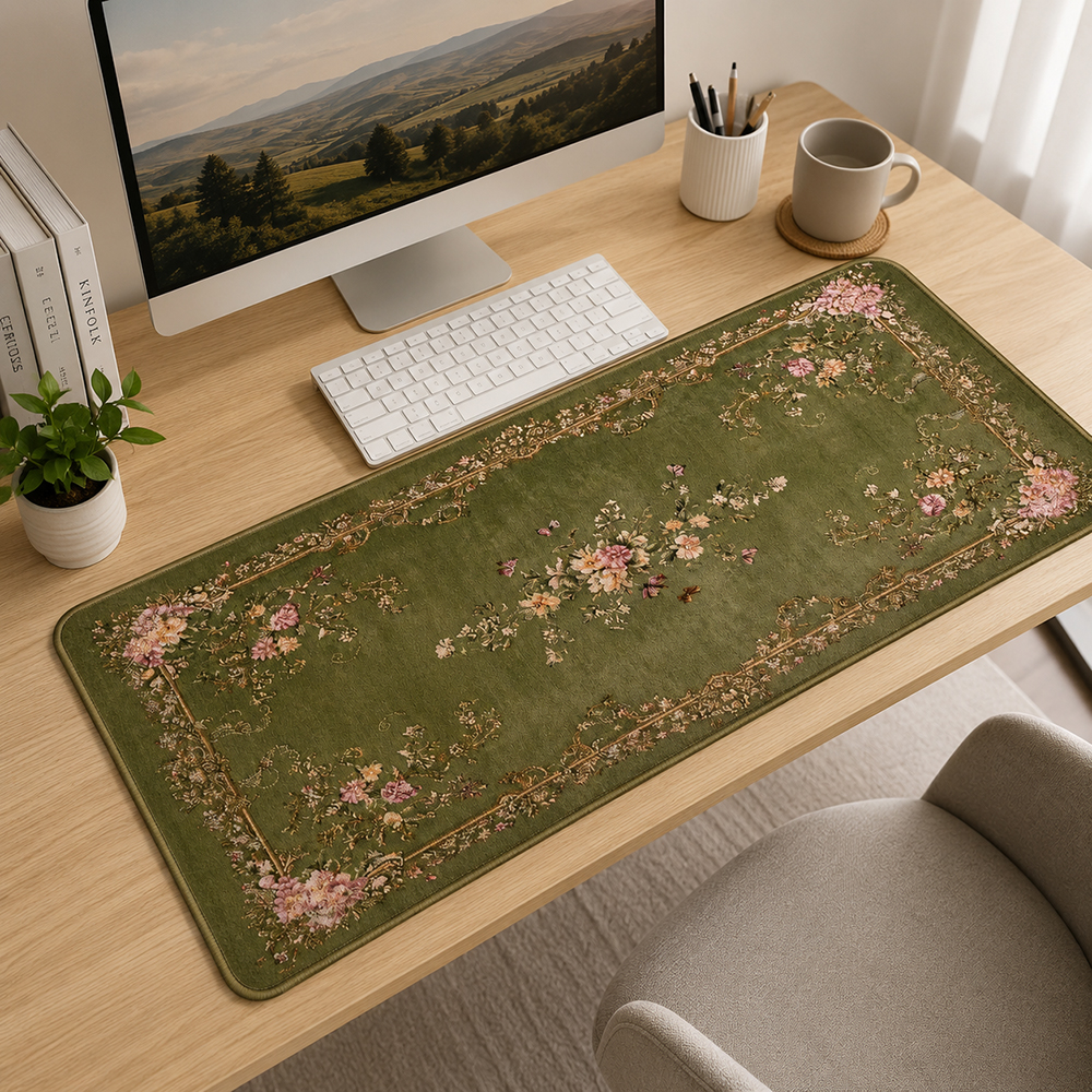 Vintage Green Floral Mouse Pad, Large Desk Mat with Non-Slip Base, Washable for Gaming, Office, Study and Home Workspace