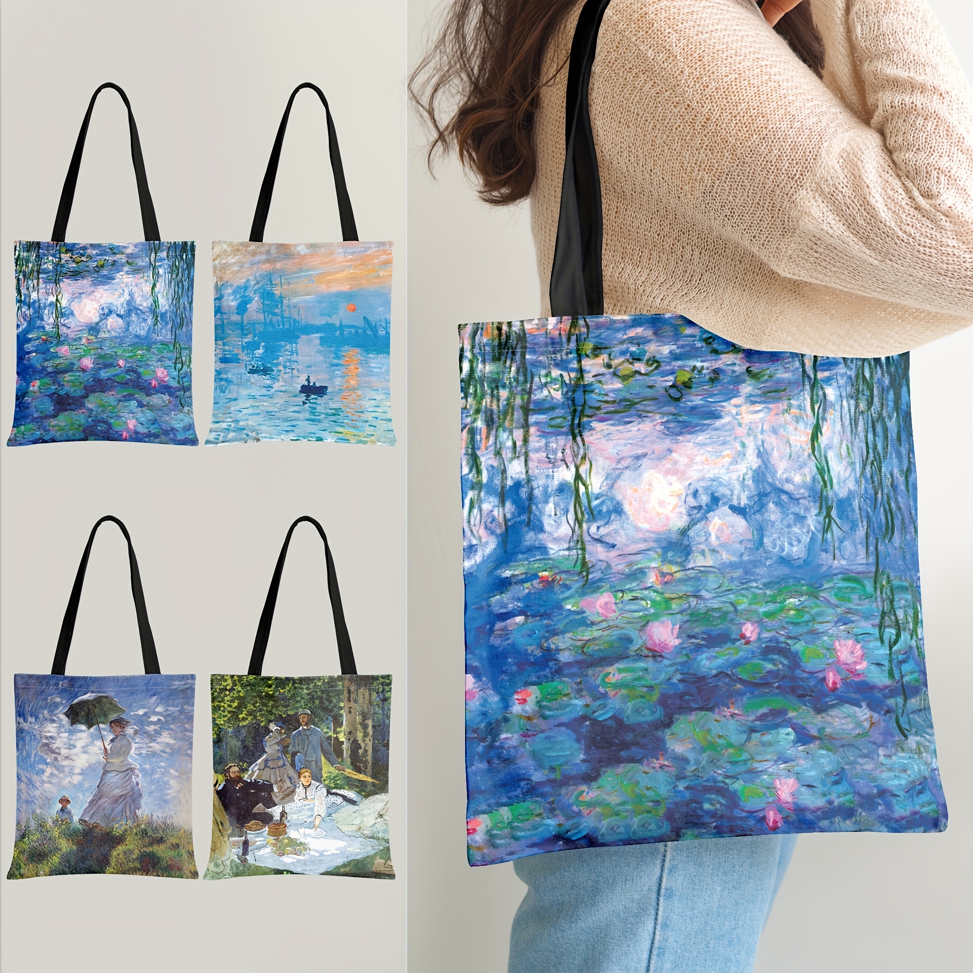 Monet Water Lilies Oil Painting Shoulder Bag Large Reusable Grocery Shopping Bag Durable Polyester Vintage Casual Chic Handbag