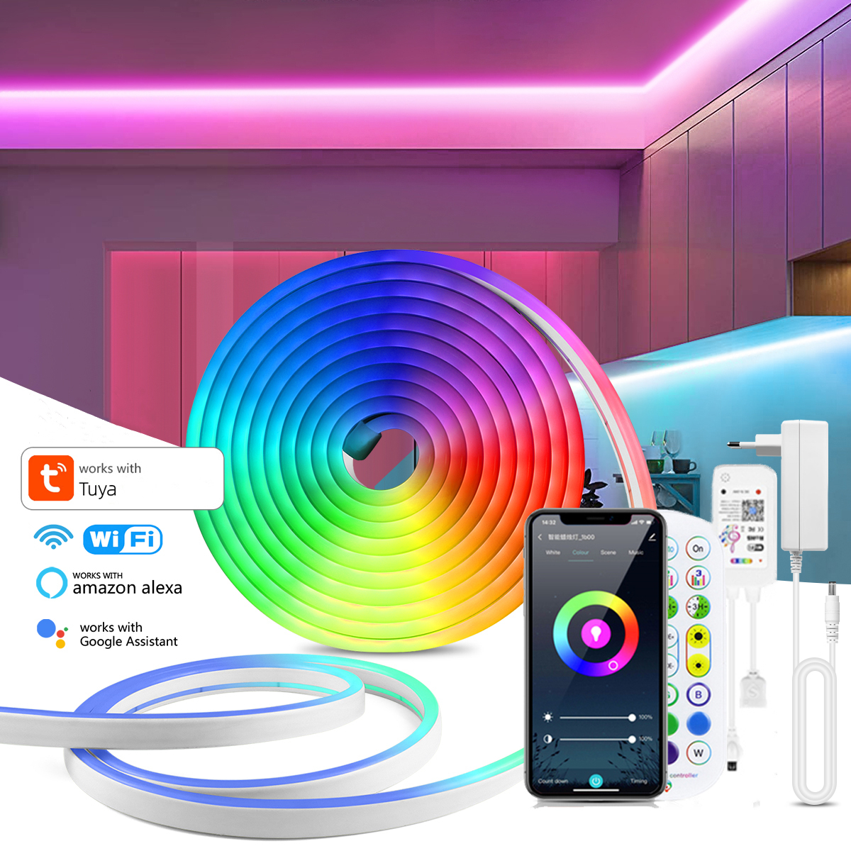 1-5M RGB/White/Warm LED Strip Neon Lights Smart WiFi Music Sync,Coloful Mood Light Tape for Game Room for Tuya APP Alexa Voice