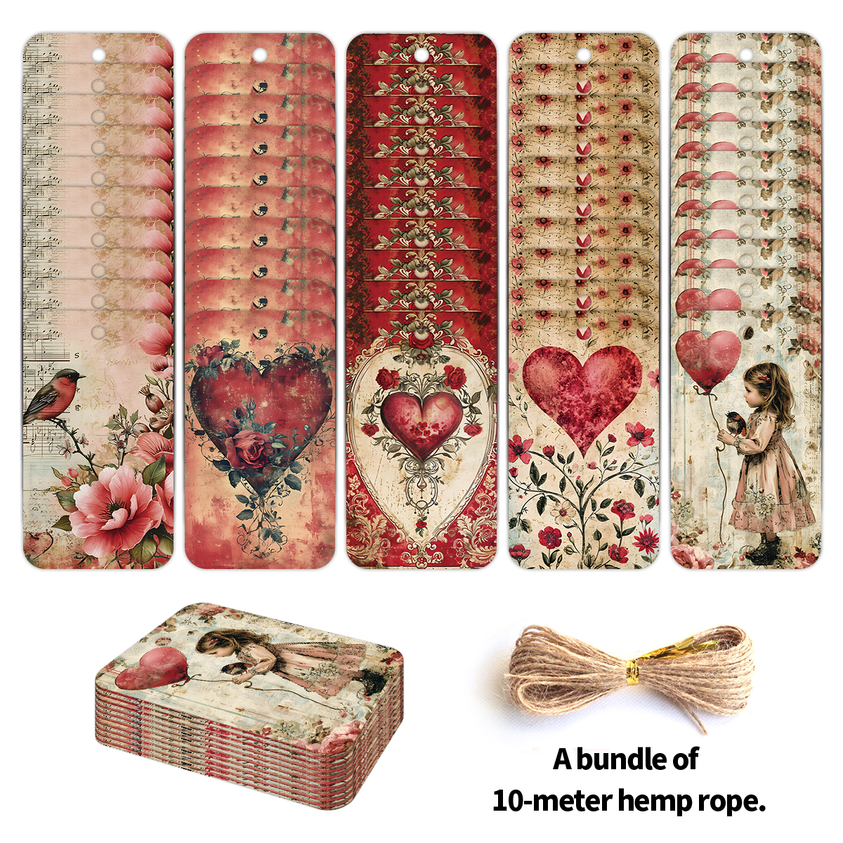 50pcs Retro Love-Themed Hanging Tags,Romantic Red Heart Flower,For Valentine's Day,Anniversary,Wedding,Birthday Gifts Wrap Decor